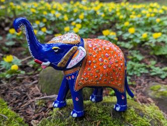 Colorful vintage Meenakari hand painted enameled metal elephant trunks up