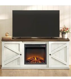 Fireplace TV Stand for TVs up to 65 Inches, 18-Inch Electric Fireplace with Remote, Farmhouse Entertainment Center, Media Console Table for Living Roo