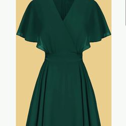 Brand New (Size XL) Hunter Green CURLBIUTY Women Elegant Chiffon Dress V-Neck Cape Sleeve