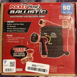 Pocket Hose Ballistic 50 FT Expandable Garden Hose, No-Kink, As Seen on TV Anti-burst sleeve reinforced with bulletproof fiber, 360° swiveling pocket