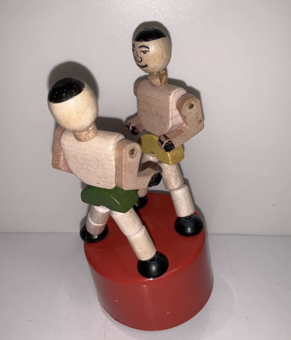 Kohner Wooden Push Puppet Toy Hit and Miss Boxers Plastic Base 1950s