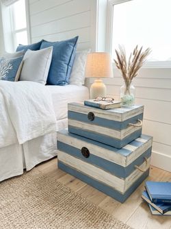 Blue and White Striped Wooden Storage Trunk Set