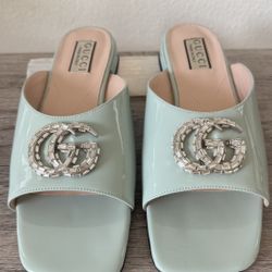 Gucci Crystal Double G Slides Baby Blue  Authentic EU 39 Asking $555 Original $1,195