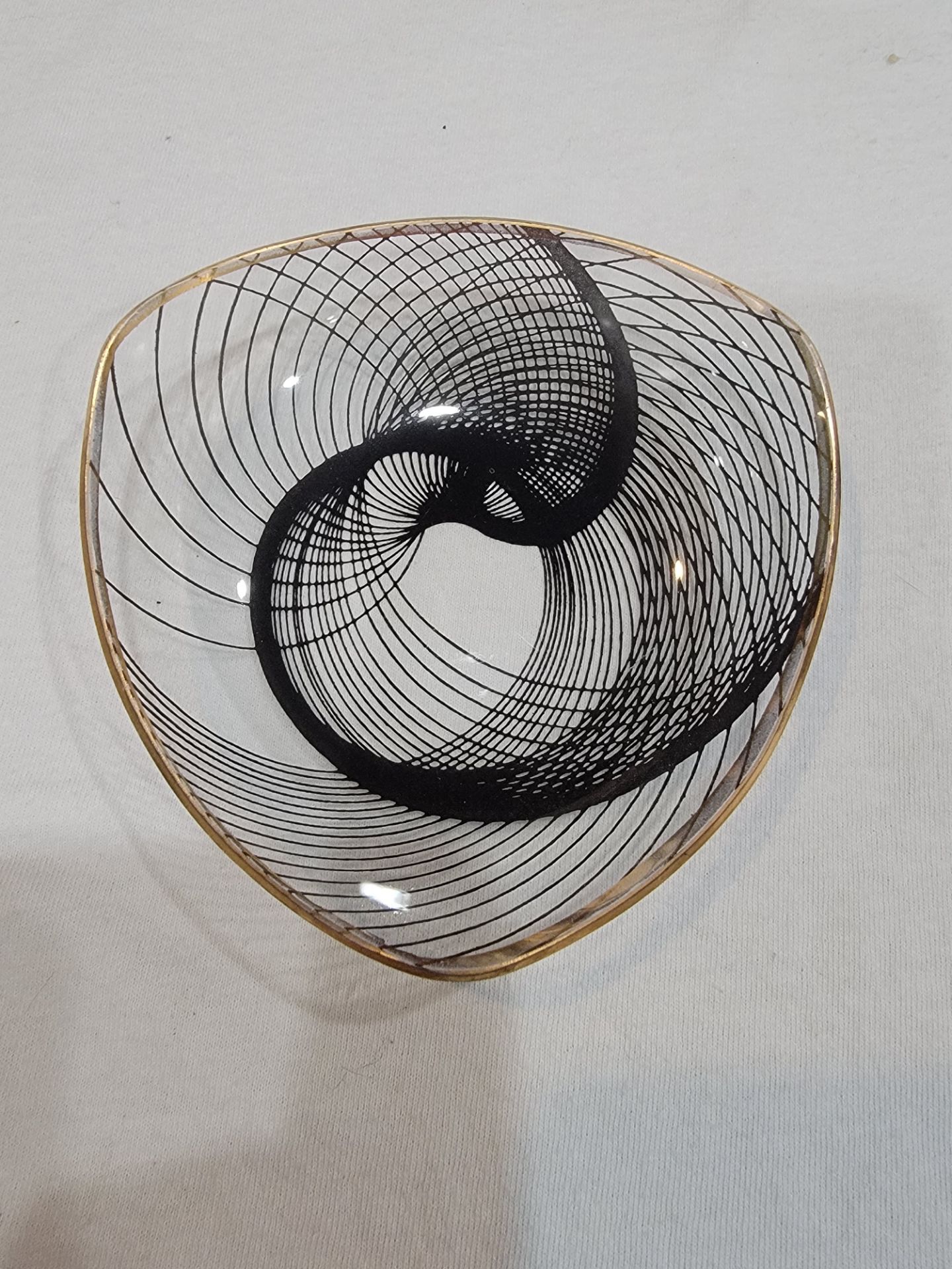 Art Glass Decorative Bowl Black Gold Abstract Modern Glossy Clear Swirl