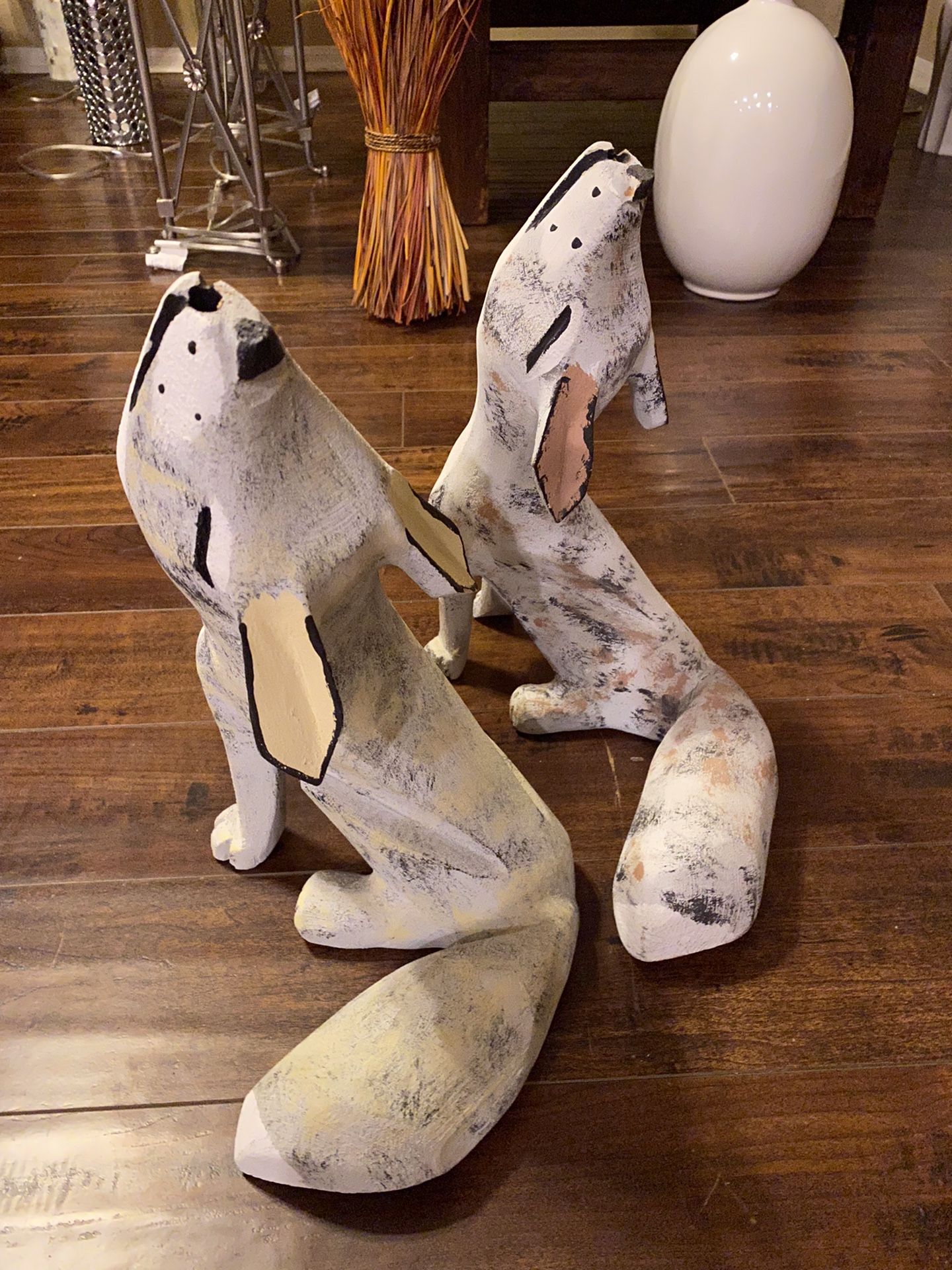 2 Folk Art Howling Coyote Painted Wood Carving by Joe Ortega Signed H 14” W 10” D 9” Decor Sculpture Wood Carving by Joe Ortega, New Mexico Folk Art,