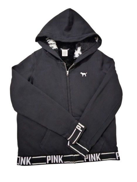 Victoria's Secret Chic Cozy Retro Spellout Faux Fur Lined Black & White Full Zip Hoodie Jacket Size M
