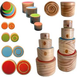 [Brand New Montessori Toys] MOONSSORI. Wooden Stacking Containers with Lids  Classic Montessori-Inspired Nesting Cylinders for Toddlers and Kids 18 M