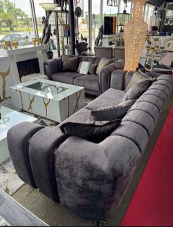 Santana Smoke Velvet Sofa And Loveseat $39 Down!! SALA LUJOSA NUEVA!