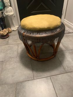 Vintage Rattan Stool with Yellow Fringe Cushion