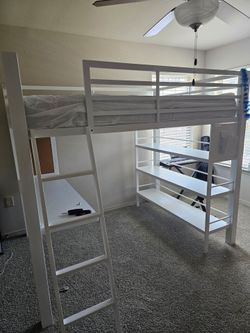 Loft bed full size with table and shelves