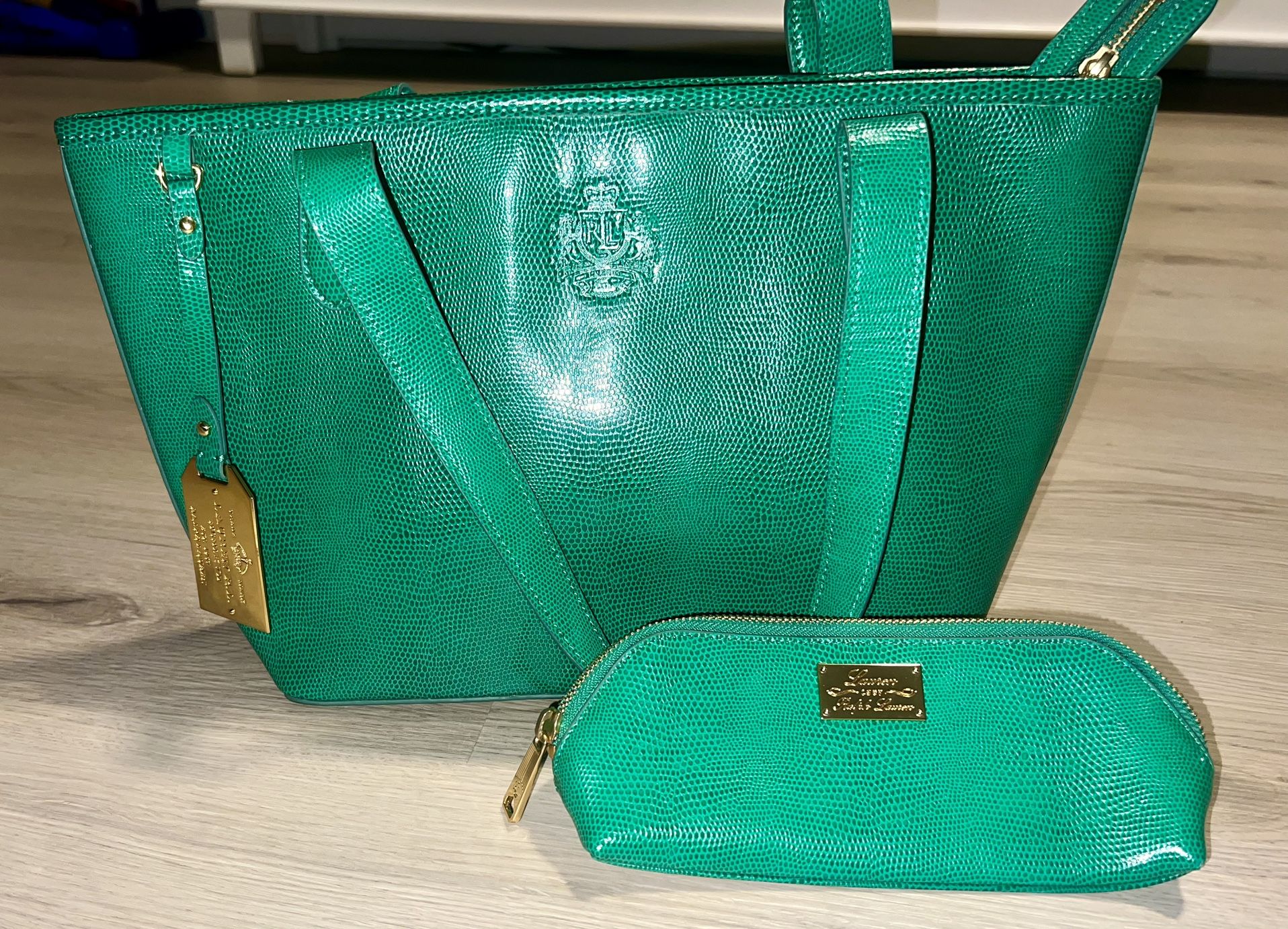 Ralph Lauren Green Leather Embossed Lizard Purse
