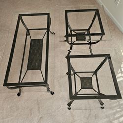 Glass/black metal coffee table & side tables