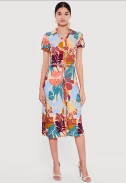 Pretty Tropical Floral Shirt Dress With Tie Belt
