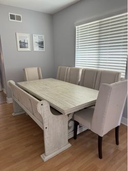 Dining table, bench and chairs