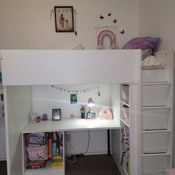 Twin Loft bunk bed, white with pink frame on closet/with desk- from Ikea