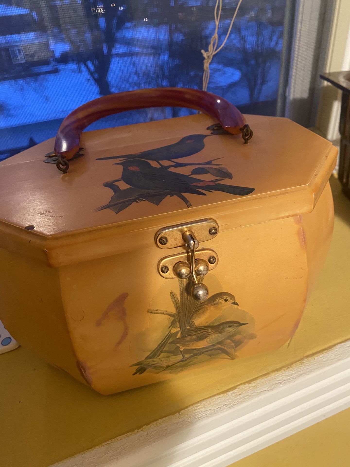 Vintage Wooden Box Purse Bakelite Handle
