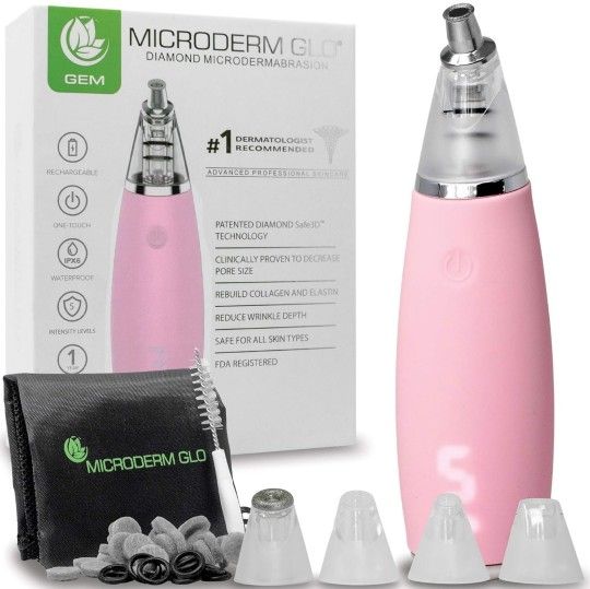 Microderm GLO GEM Diamond Microdermabrasion and Suction Tool - Blackhead Remover Pore Vacuum Advanced Facial Treatment Machine - Anti Aging Wrinkle