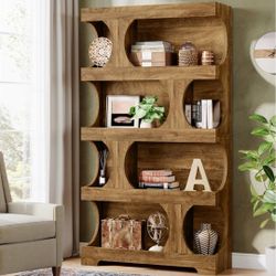 71" Tall Bookcase, 4-Tier S-Shaped Bookshelf, Wood Decorative Storage Shelving, Modern Freestanding Display Shelves, Large Library Book Shelf Unit for