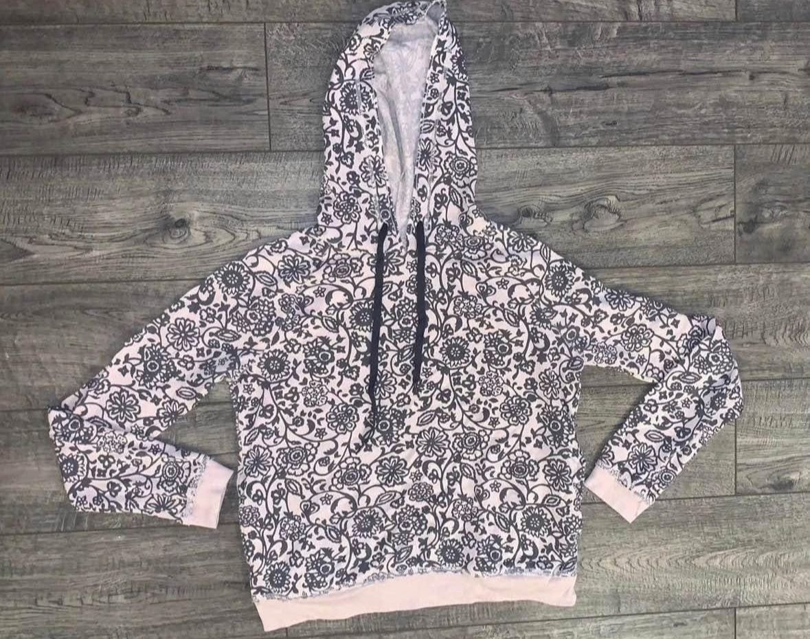 Aeropostale Baby Pink & Gray Floral/Stem-Leaf Print Drawstring Hoodie