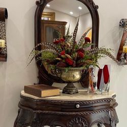 Solid Wood Marble Top Console Table and Mirror