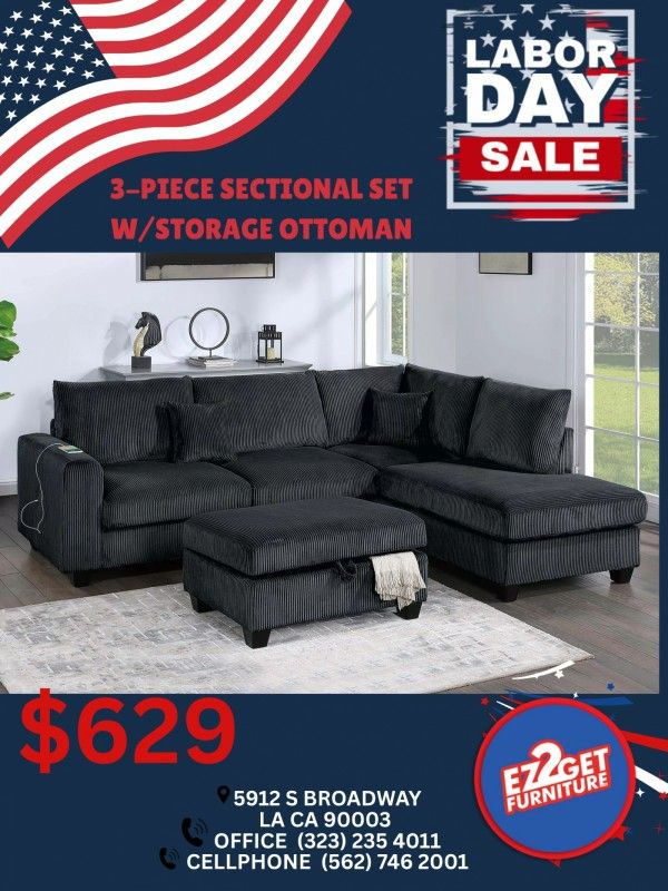 3pcs Sectional with storage ottoman $50 down with