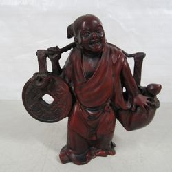 Chinese Figure Carrying Shoulder Yoke Coin Wealth & Longevity Statue
