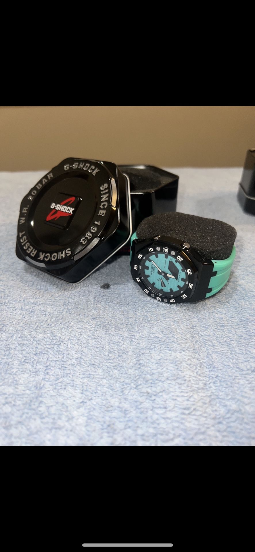 Custom G Shock Tiffany Blue Dial With Black Metal Frame And Blue Rubber Band