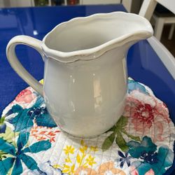 White Ceramic Pitcher w/beige trim   - NEW