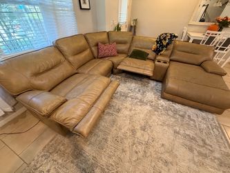 Large Tan Leather Reclining Sectional Sofa with Cup Holders