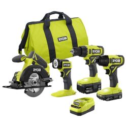 Ryobi 18V Cordless 4-Tool Combo Kit with (2) Batteries and Charger with Bag