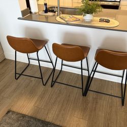 Set of 3 Modern Faux Leather Counter Stools – Cognac Brown with Black Metal Base