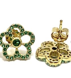 .925 Sterling Silver & 18k Yellow Gold 0.50 Ctw Emerald Stud Earrings