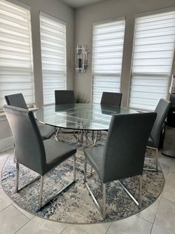 7-Piece Modern Glass Dining Set - Chrome Geometric Base & 6 Charcoal Chairs