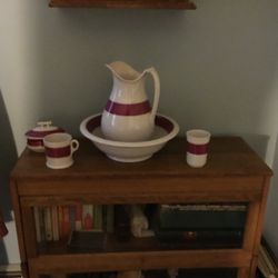 ANTIQUE WASH BASIN ,PITCHER,CUP,DRINKING CUP AND BOWL AND LID- SAME PATERN