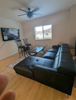 Beautiful bundle!  Vintage look 2 barstools, like new, mint condition wood coffee table and sectional sofa from City Furniture (sturdy, firm and gentl