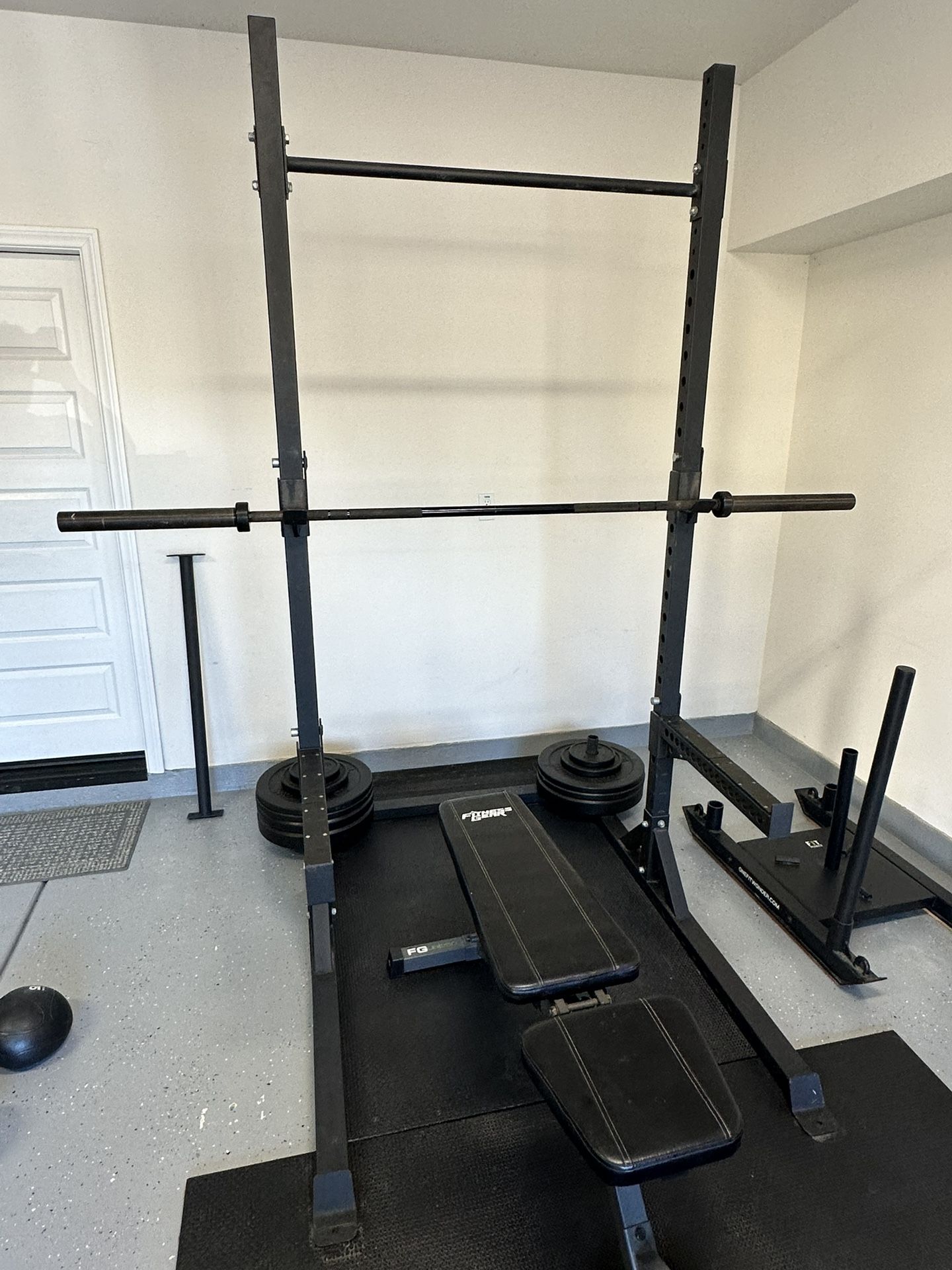 🏋️♂️ FULL GARAGE GYM SETUP – Rack + Bench + Sled + Dip Handles + 45 lb Barbell + Cable Attachment