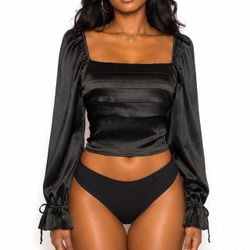 Audrey Parks Francesca's Whimsigoth Black Satin Smocked Square Neck Crop Top S