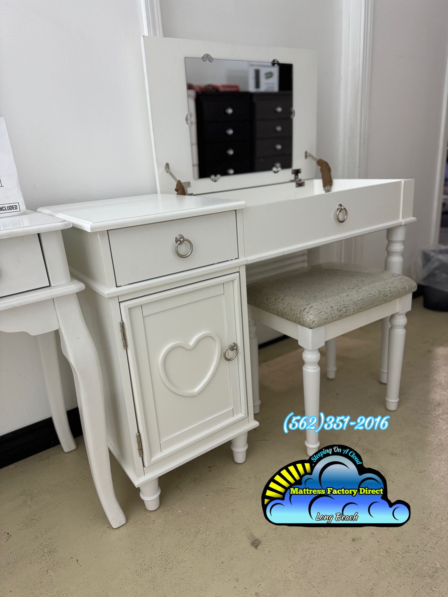 New Small White Wood Vanity With Mirror Inside & 2 Storage Drawers 