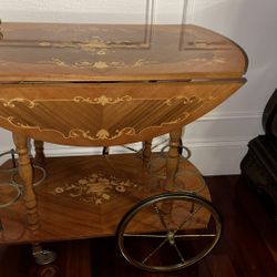 Mid 20th Century Vintage Italian Brass Marquetry Bar Cart
