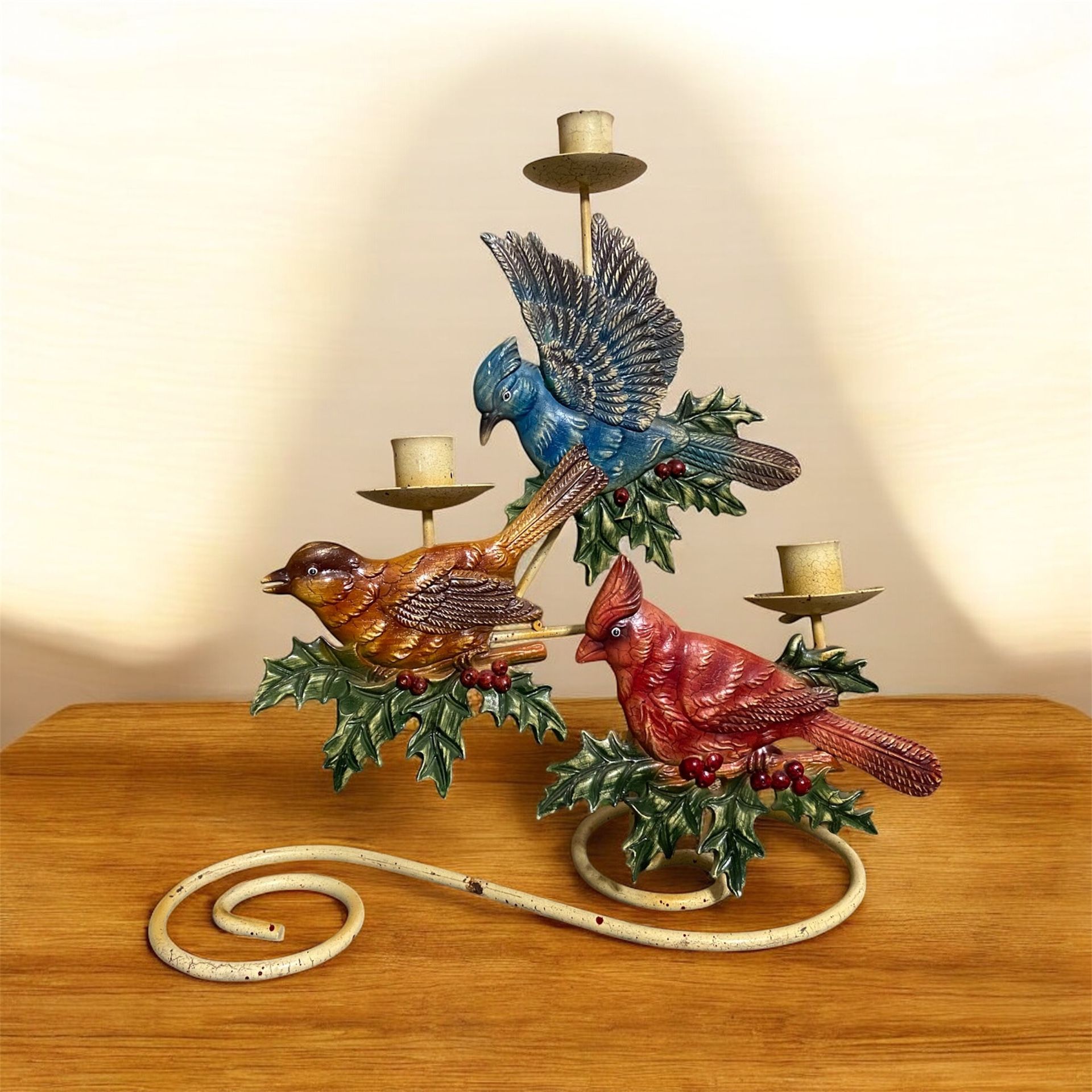 Vintage Christmas Birds Table top Candle Holder W/Cardinal, Blue Jay & Oriole