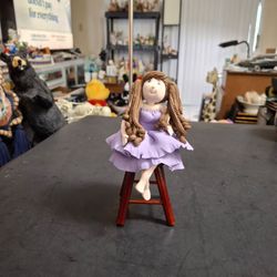 Handmade Polymer Clay Doll In A Lilac Dress On A Wooden Stool ' Collectible 6.5"H