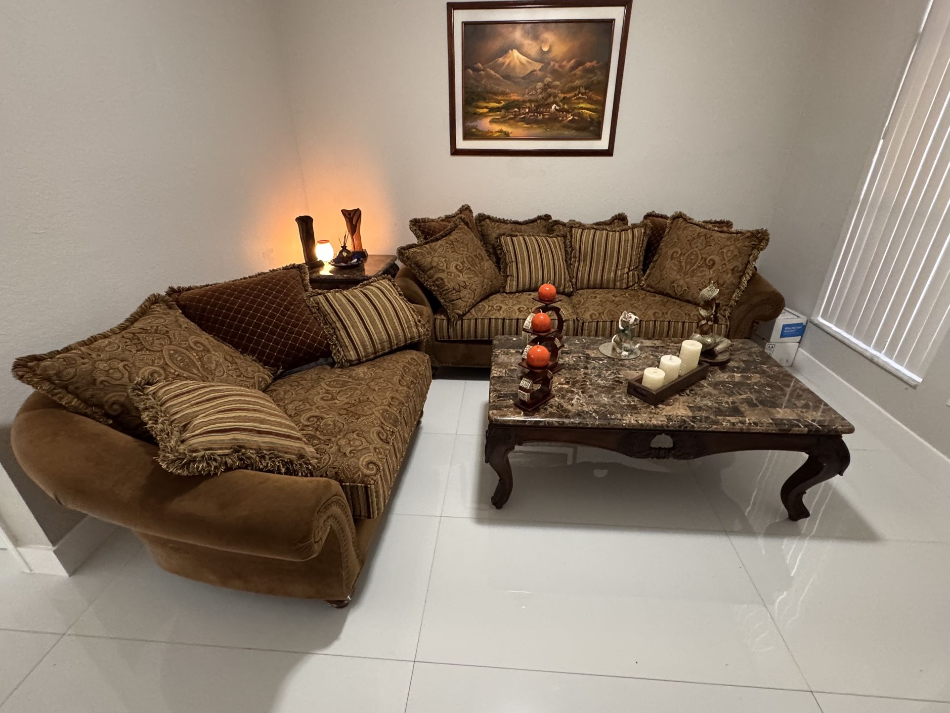 Elegant 4-Piece Living Room Set – Sofa, Loveseat, Chaise, & Marble Top Tables
