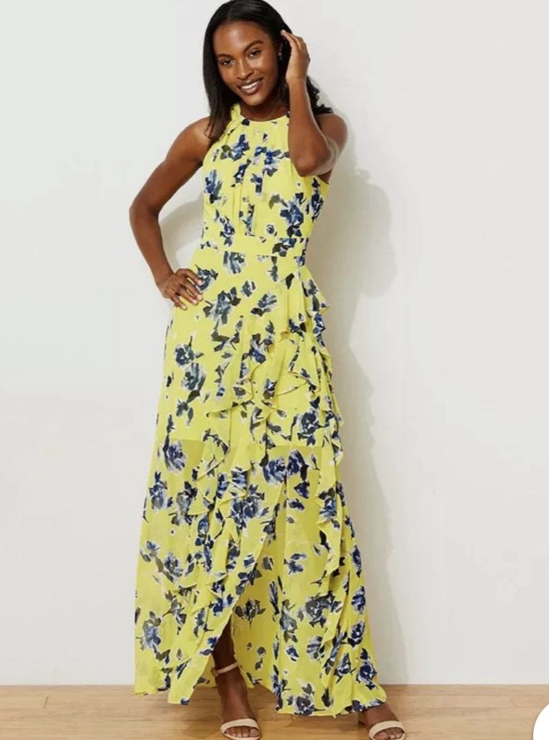 Eliza J Halter Ruffle Maxi Dress Yellow Floral Sleeveless Long