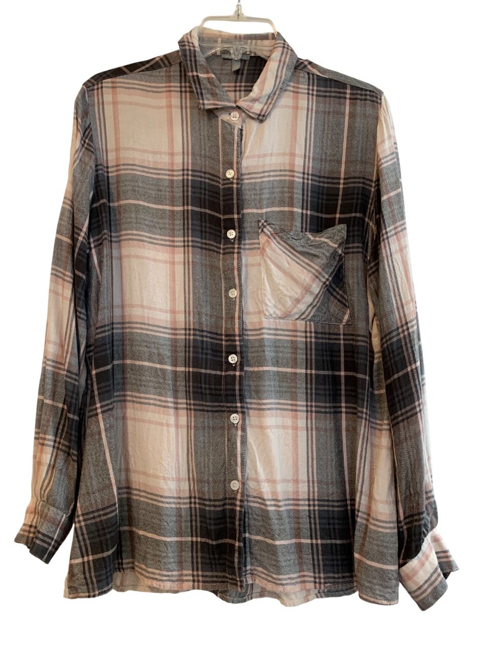 CHARLOTTE RUSSE Shirt Plaid Pastel Pink Cream Gray Black Button Up Women’s Large
