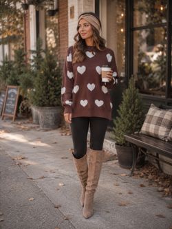 Women's Brown Heart Sweater with White Heart Motif