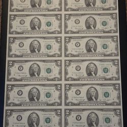 Uncut Sheet $2 Bills