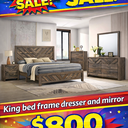 Queen bed with storage dresser and mirror