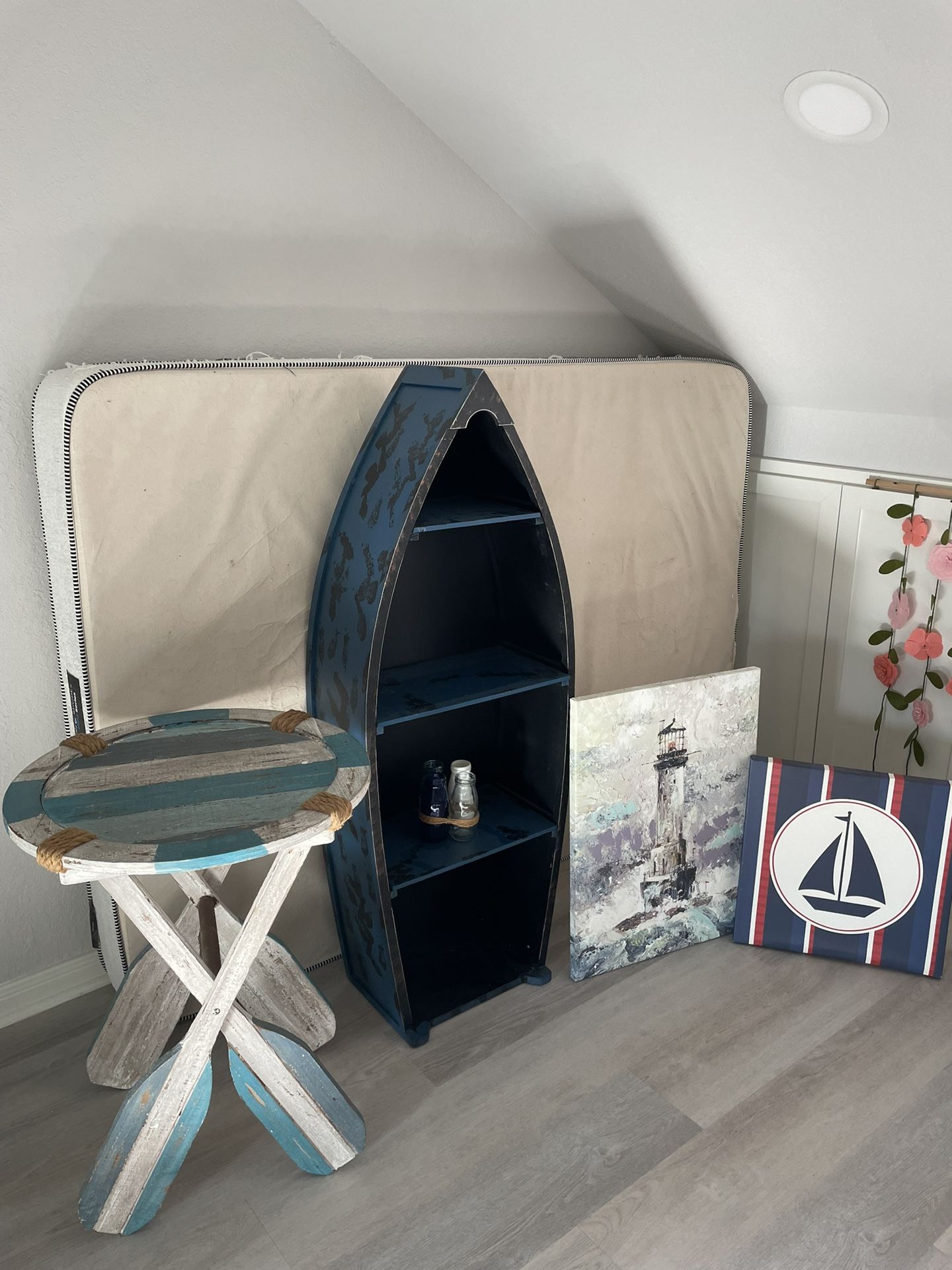 6 Items!!! Nautical Furniture Includes Wooden Table,three Tiered Shelves,boat book Case,chest,two Pictures