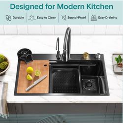 SereneLife Stainless Steel Kitchen Sink | Undermount & Drop-In Installation |13 Gauge & 30"L x 18"W x 9"H IN | Includes Faucet, Drain Rack, Strainer B