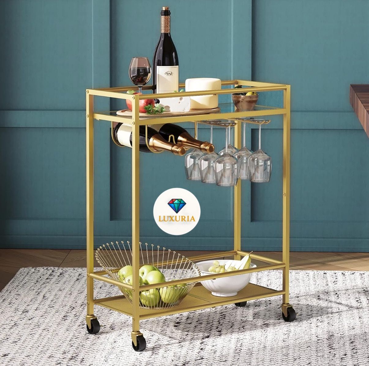 [SALE] 🍸 Luxe Gold Bar Cart – Elegant 2-Tier Drink Station with Glass Shelves